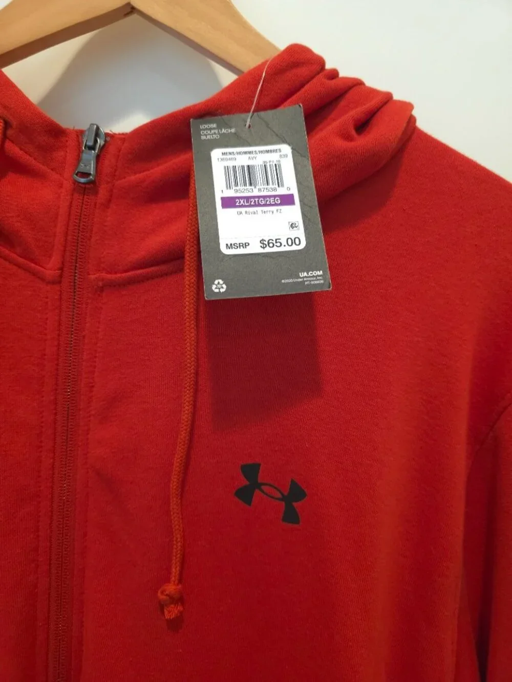 NWD Under Armour UA Rival Terry Full-Zip Red Loose Fit Hoodie Red Mens 2XL - Picture 3 of 8